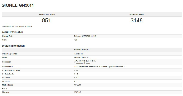 Gionee Elife S8 GeekBench