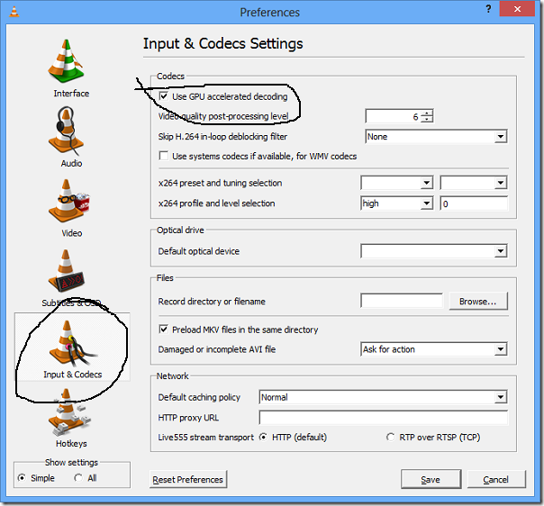 Отключить hardware accelerated decoding в vlc